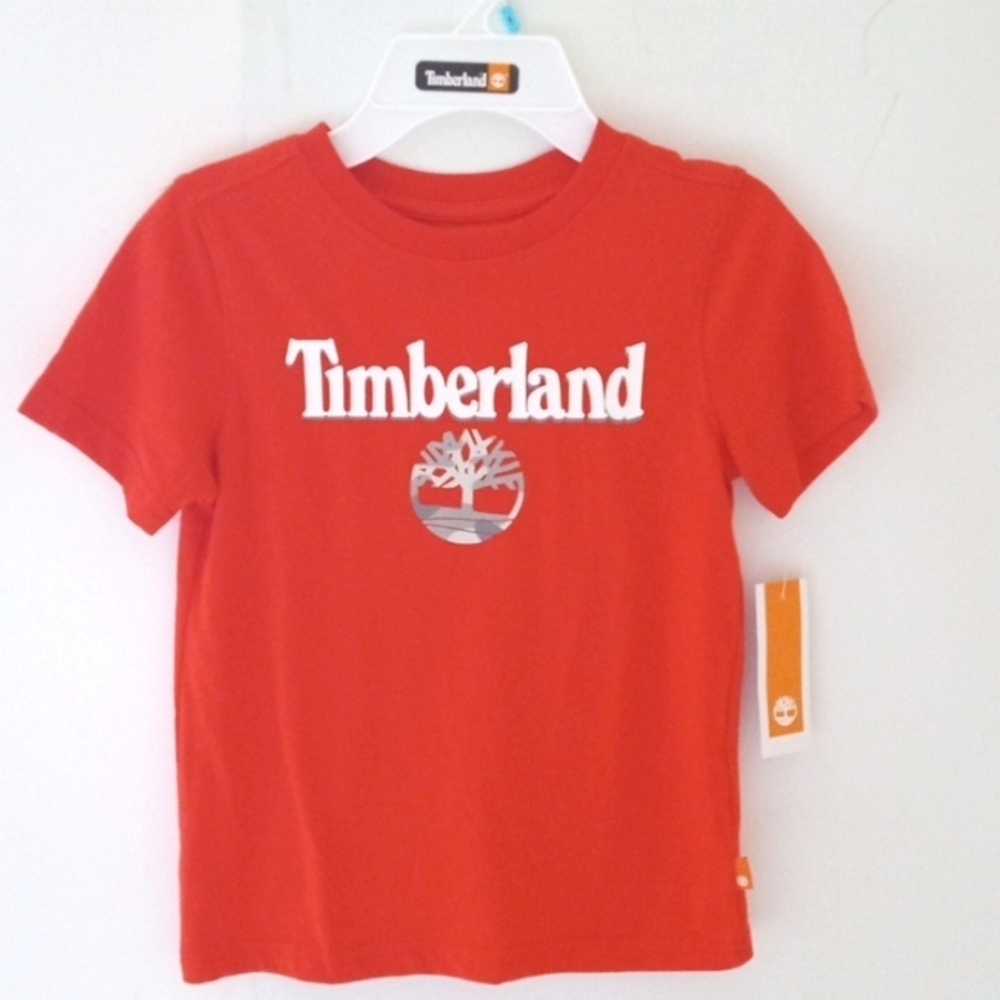 TIMBERLAND BOYS ORANGE WHITE SHORT SLEEVE CREW NECK GRAPHIC TEE SHIRT SIZE 5 NWT